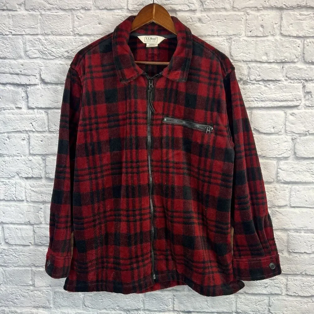 Vintage LL Bean Women Red Plaid Flannel Jacket Full Zip Long Sleeve Large‎ USA